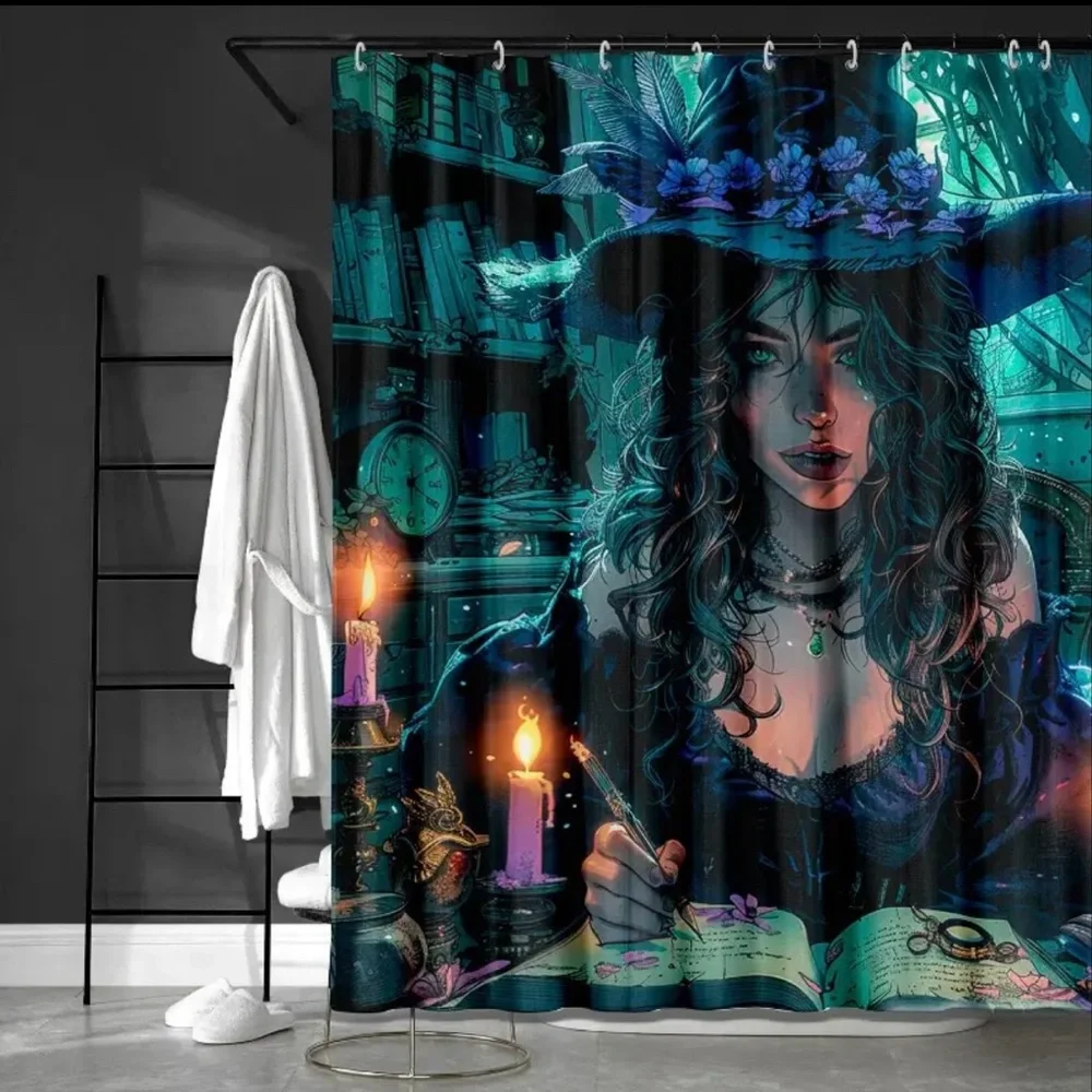 Exquisite Witch Shower Curtain Waterproof Fabric with‎ 12 White Plastic Hooks